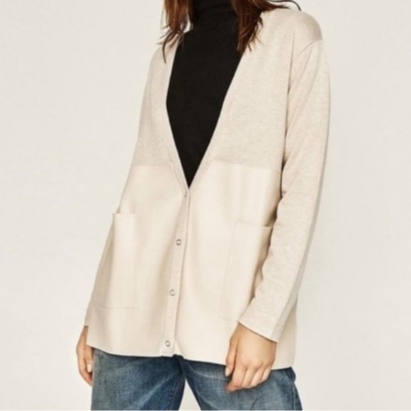 Zara Sweaters - Zara Cardigan Knit and Faux Leather Cream Women’s Small